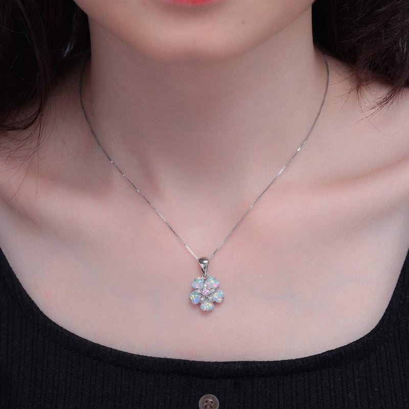 CiNily Flower Opal Pendant Necklace Box Chain 18K White Gold Plated Pink Topaz Zircon Opal Jewelry for Women, Gemstone Necklaces Lovers Birthday Friendship Jewelry - Image 4